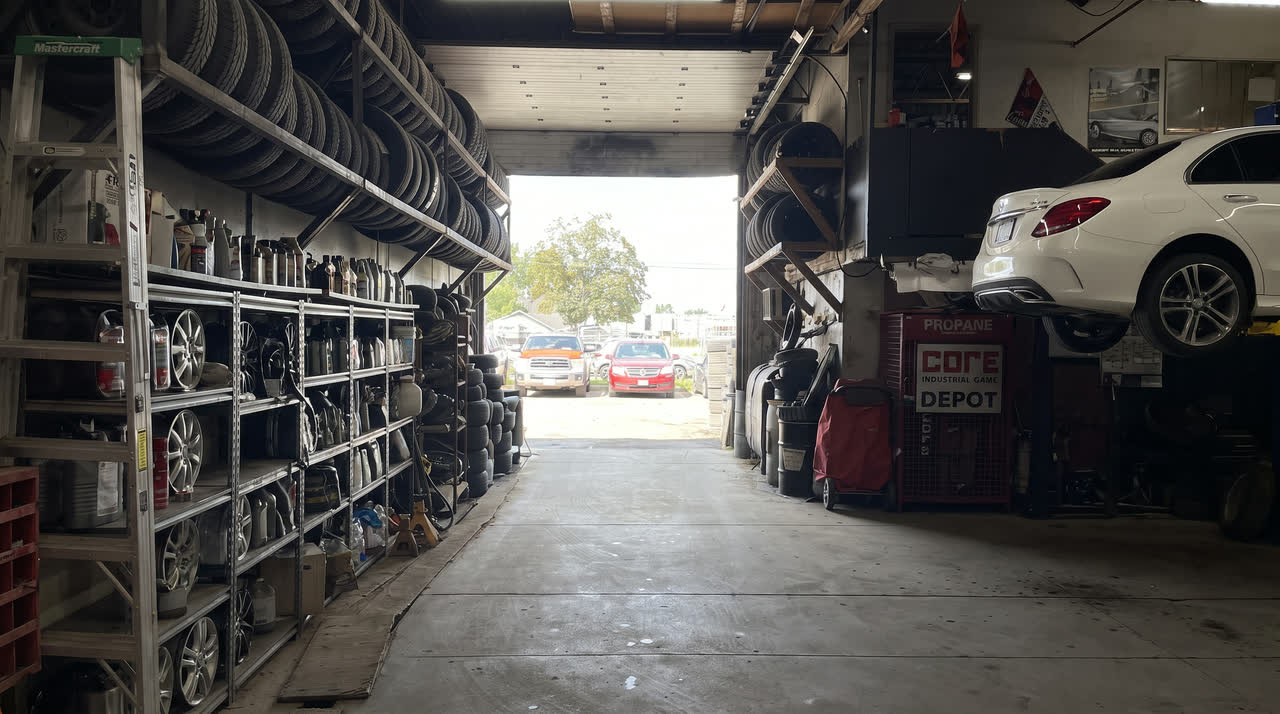 Wheel and tire shelving running out to the open bay door
