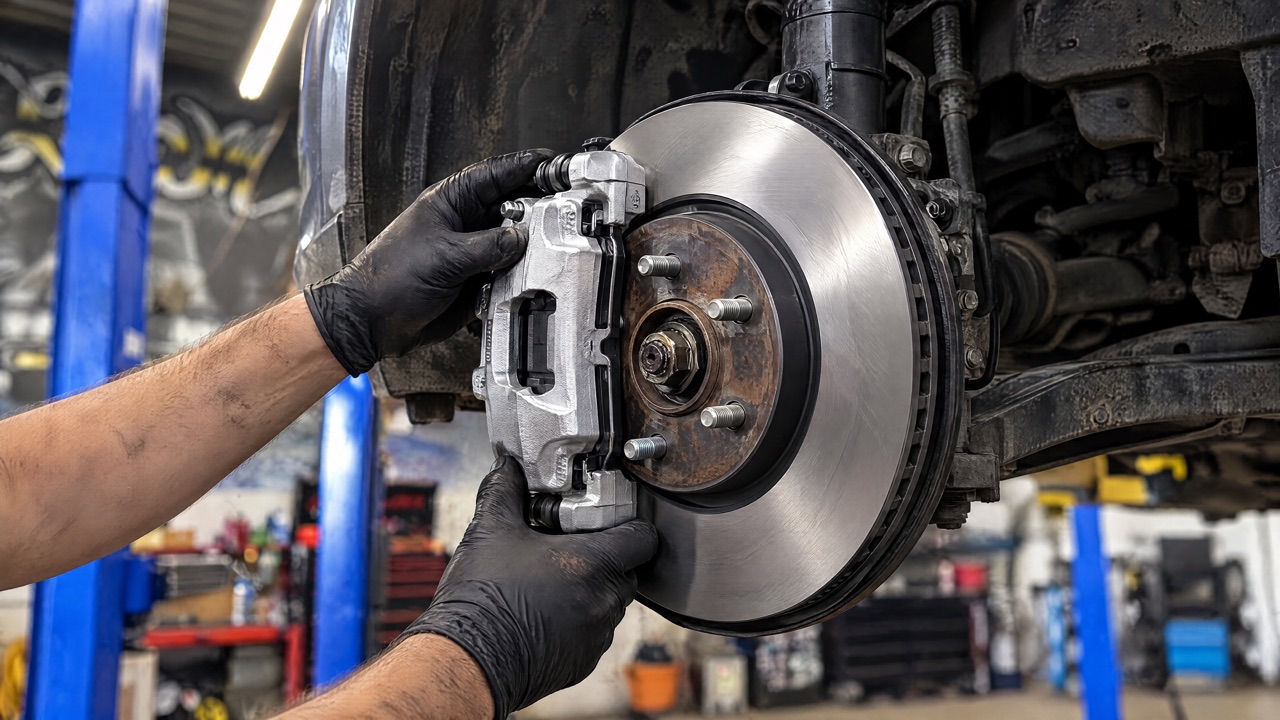 A new caliper going onto a fresh rotor