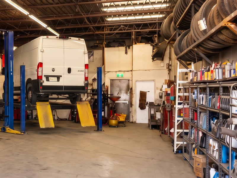 A work van up on the lift in the rear bay