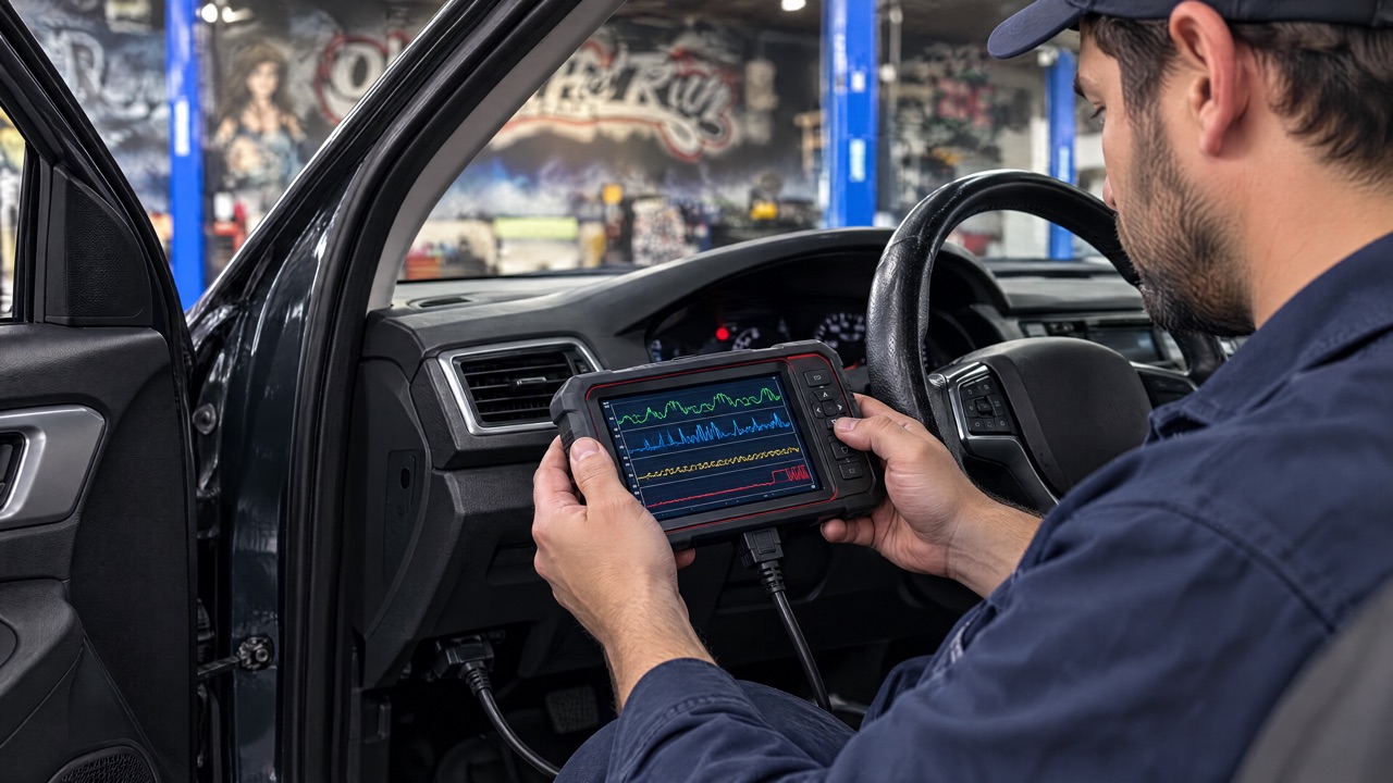 A technician connecting a diagnostic scan tool to a vehicle's onboard computer port