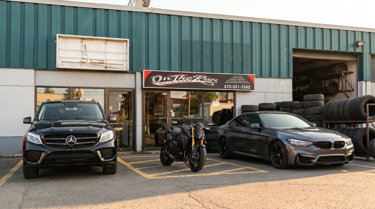 The On The Run Auto Care building on Blackwell Street with the bay doors and shop signage visible from the parking lot