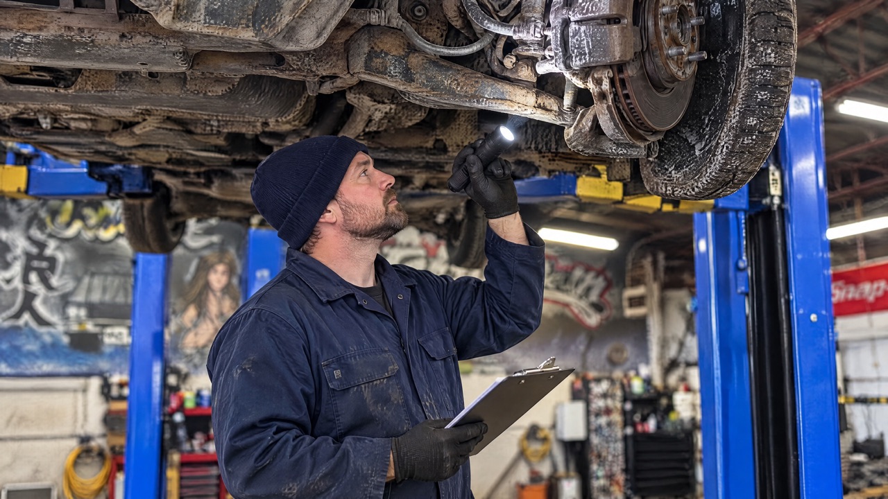 A vehicle raised on a lift in an inspection bay with a technician checking underneath
