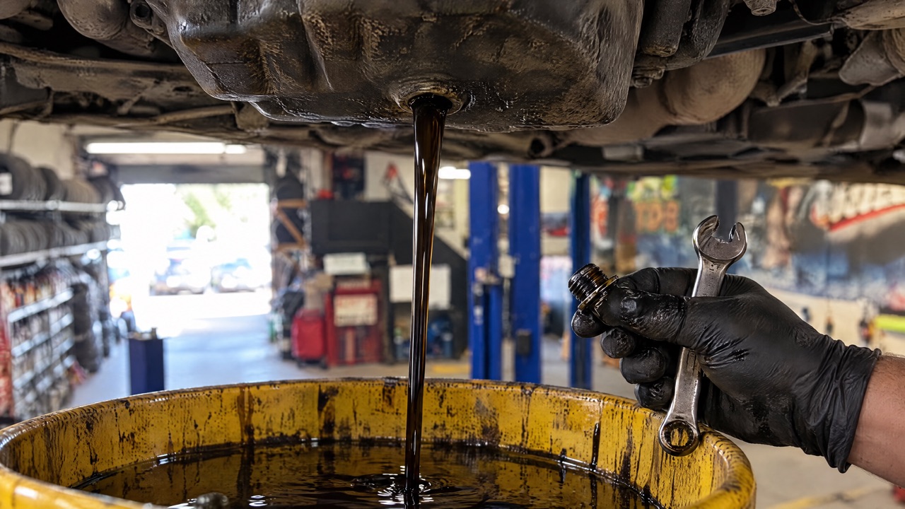 Old oil draining out before the new filter goes on