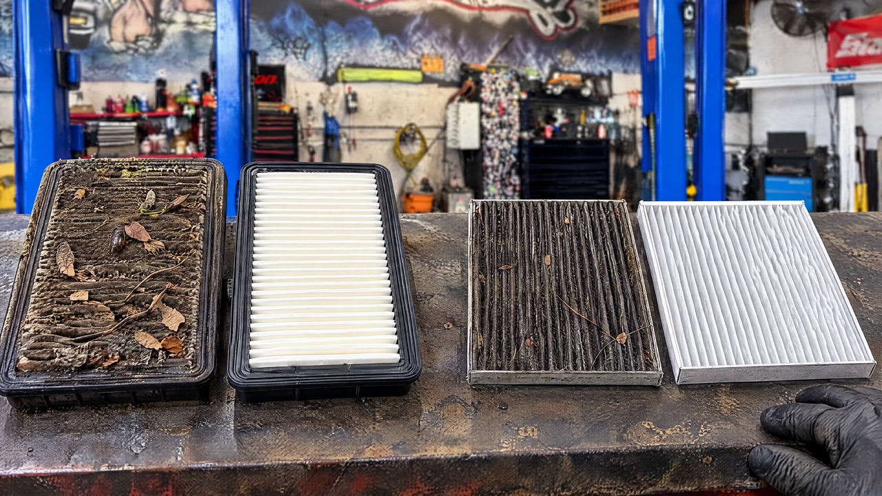 Engine and cabin air filters, old and new