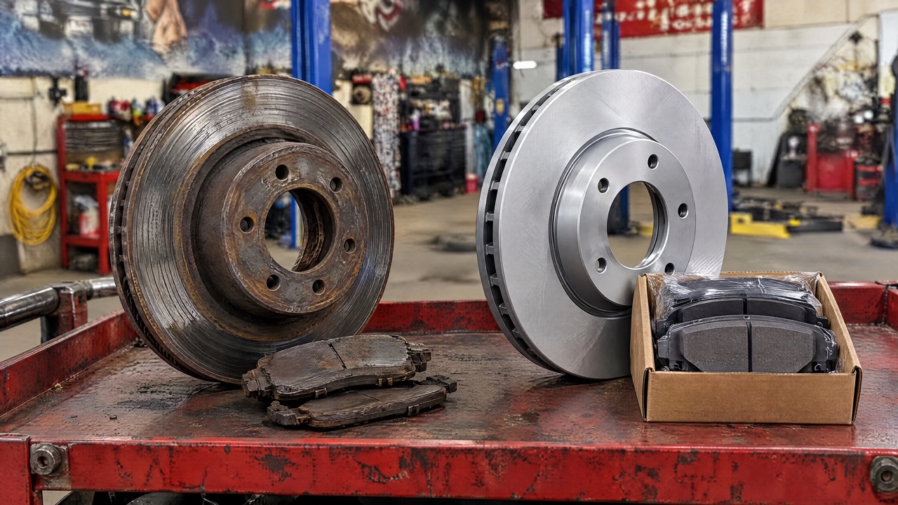 Worn rotor and pads beside the new ones