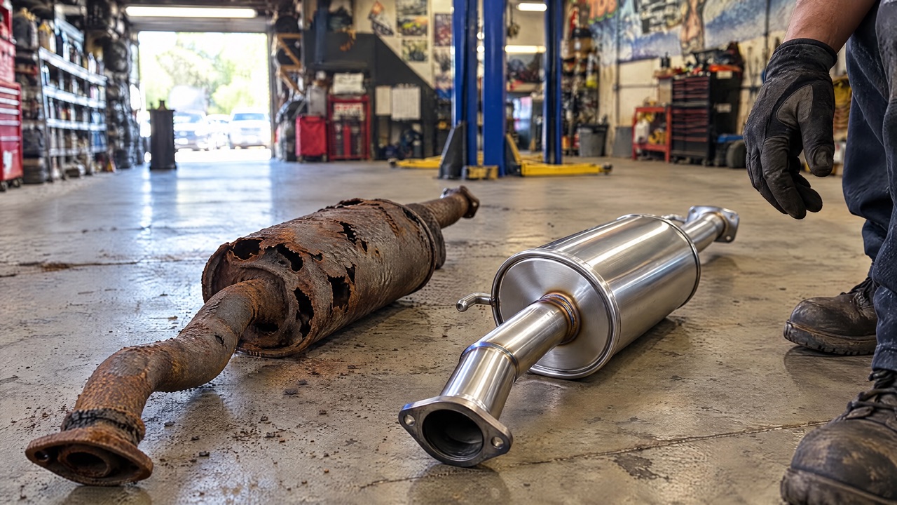 A muffler rotted through by road salt, and its replacement