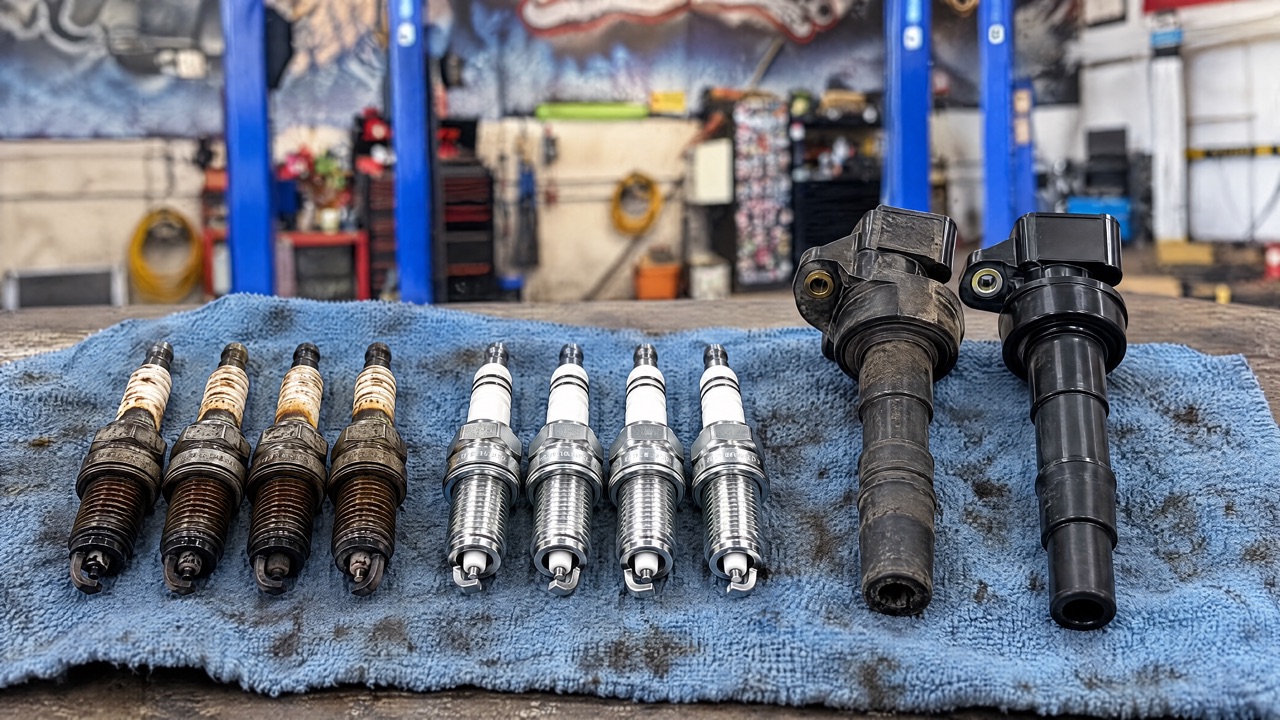Fouled spark plugs and an old coil next to the new set