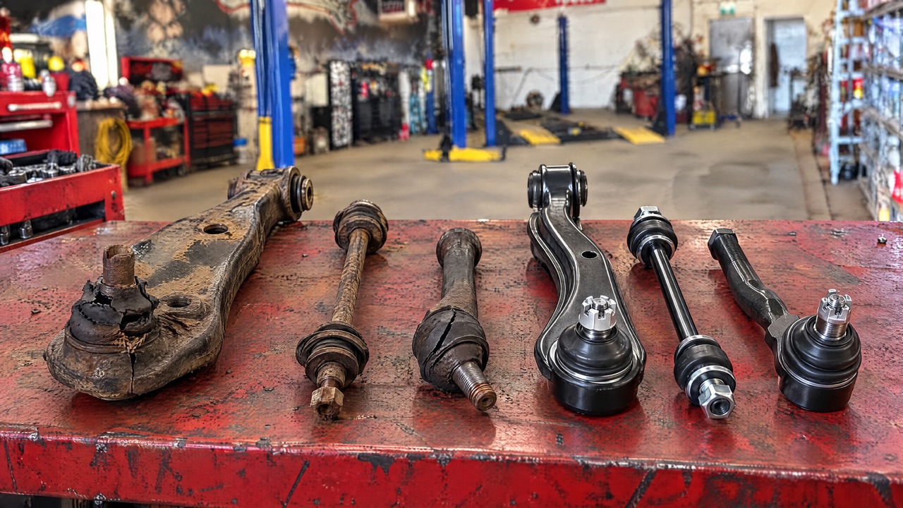 A rusted control arm, sway bar link and tie rod end, with the new parts