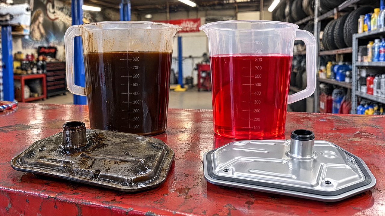 Burnt transmission fluid and a clogged filter next to fresh fluid and a new filter