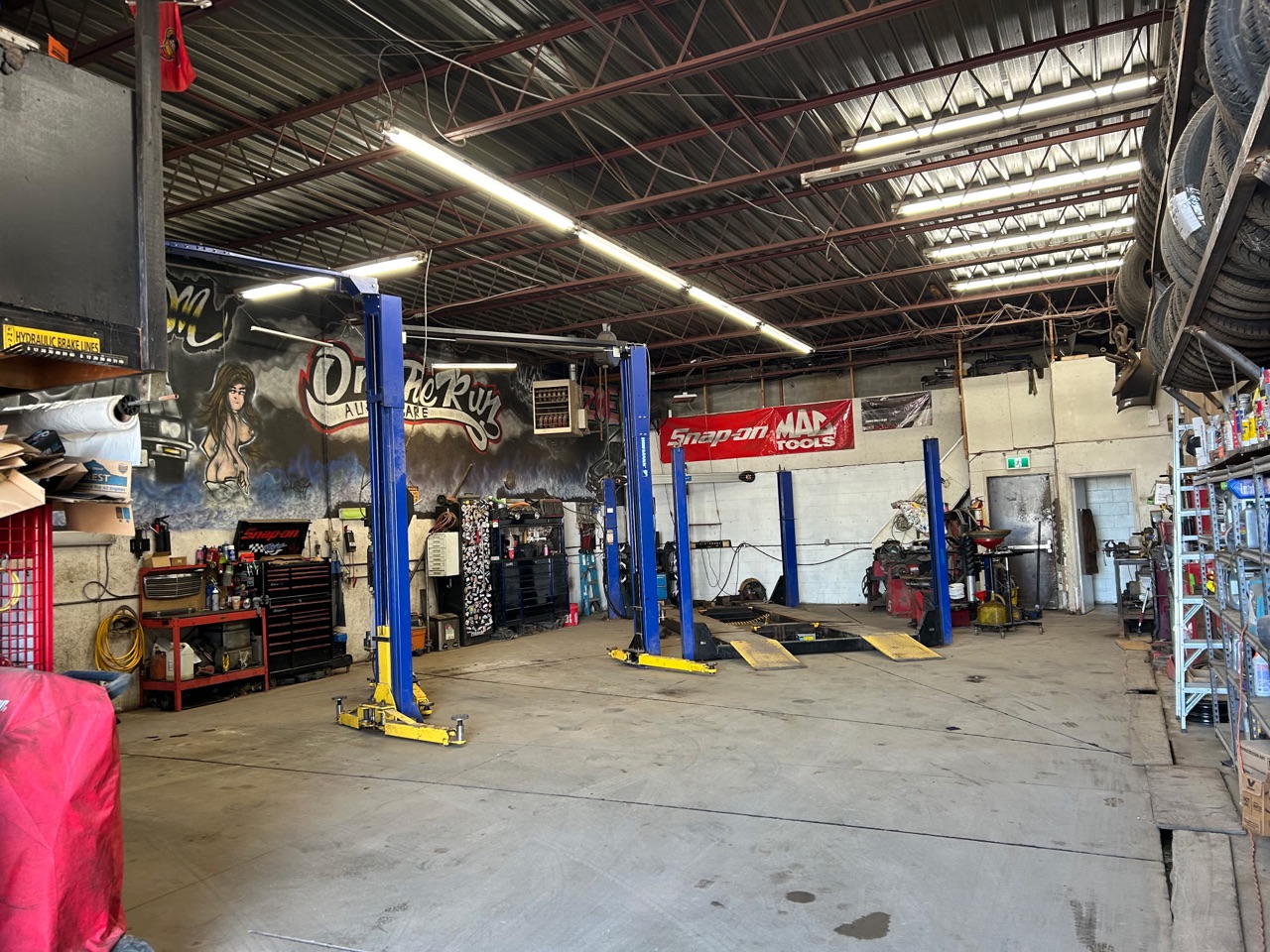 Looking across the bays to the tire racks