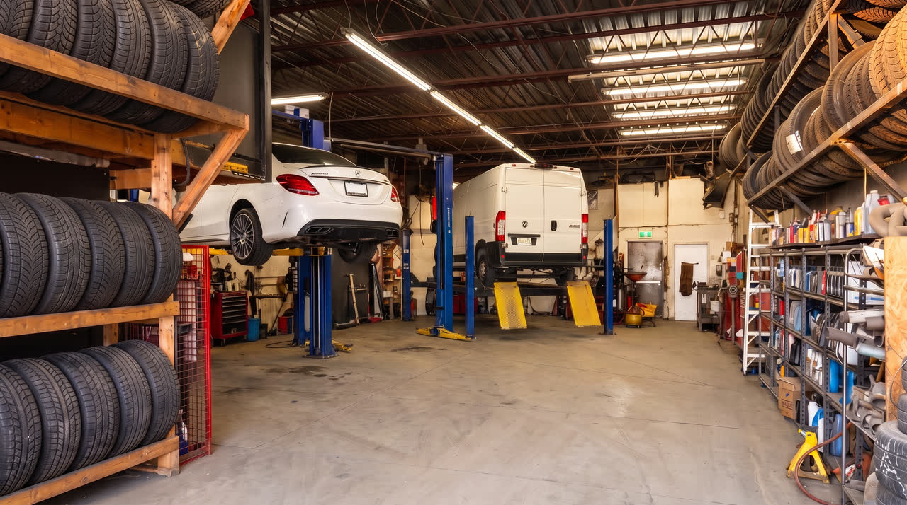 The main floor, a car on the lift and parts shelving down the wall