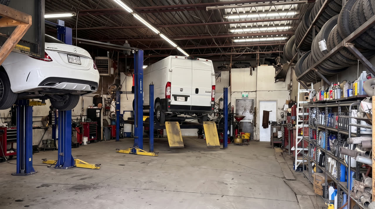 Long view down an empty service bay at On The Run Auto Care where glass and windshield work is done