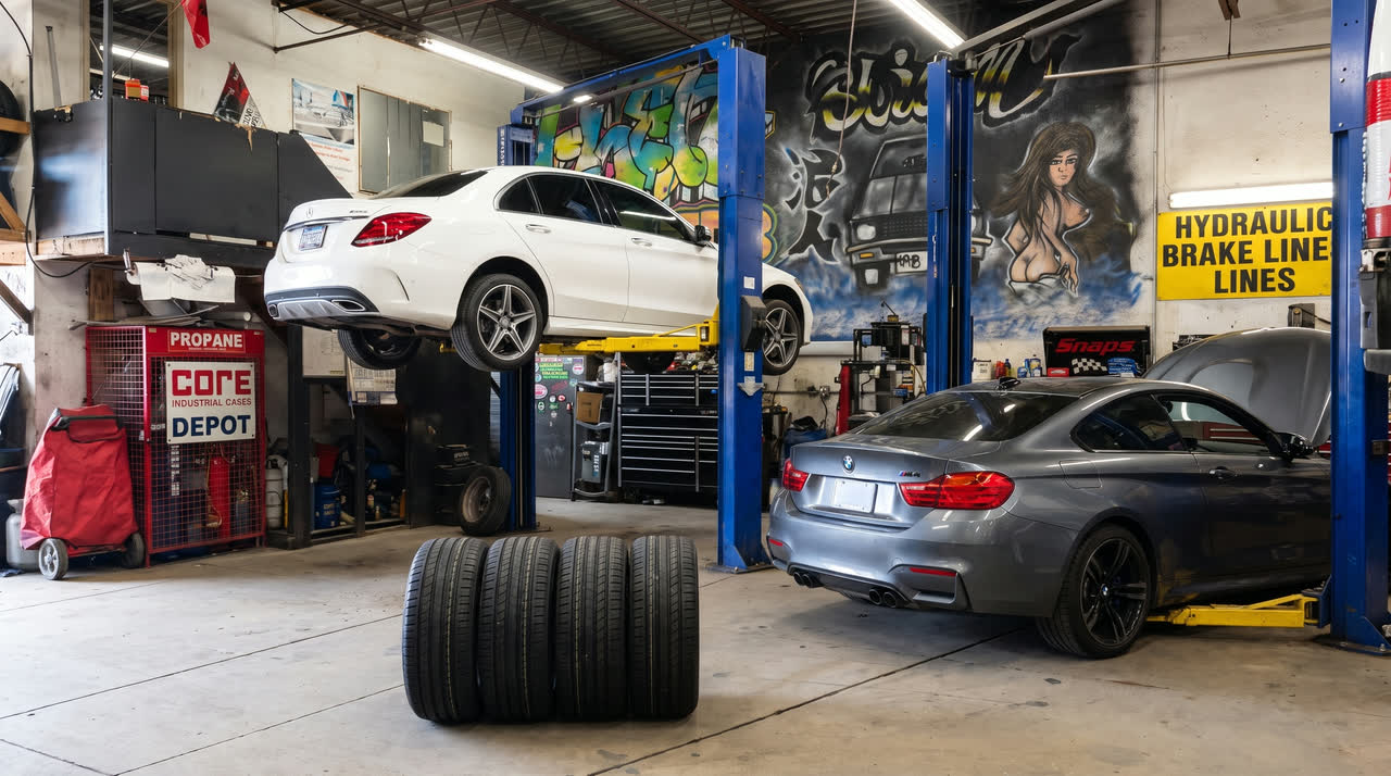 A technician mounting a tire onto a wheel rim on a shop lift