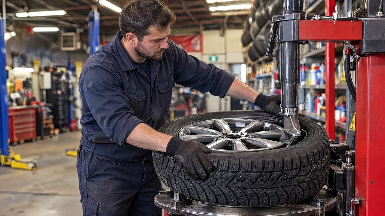 Mounting a winter tire on the tire machine