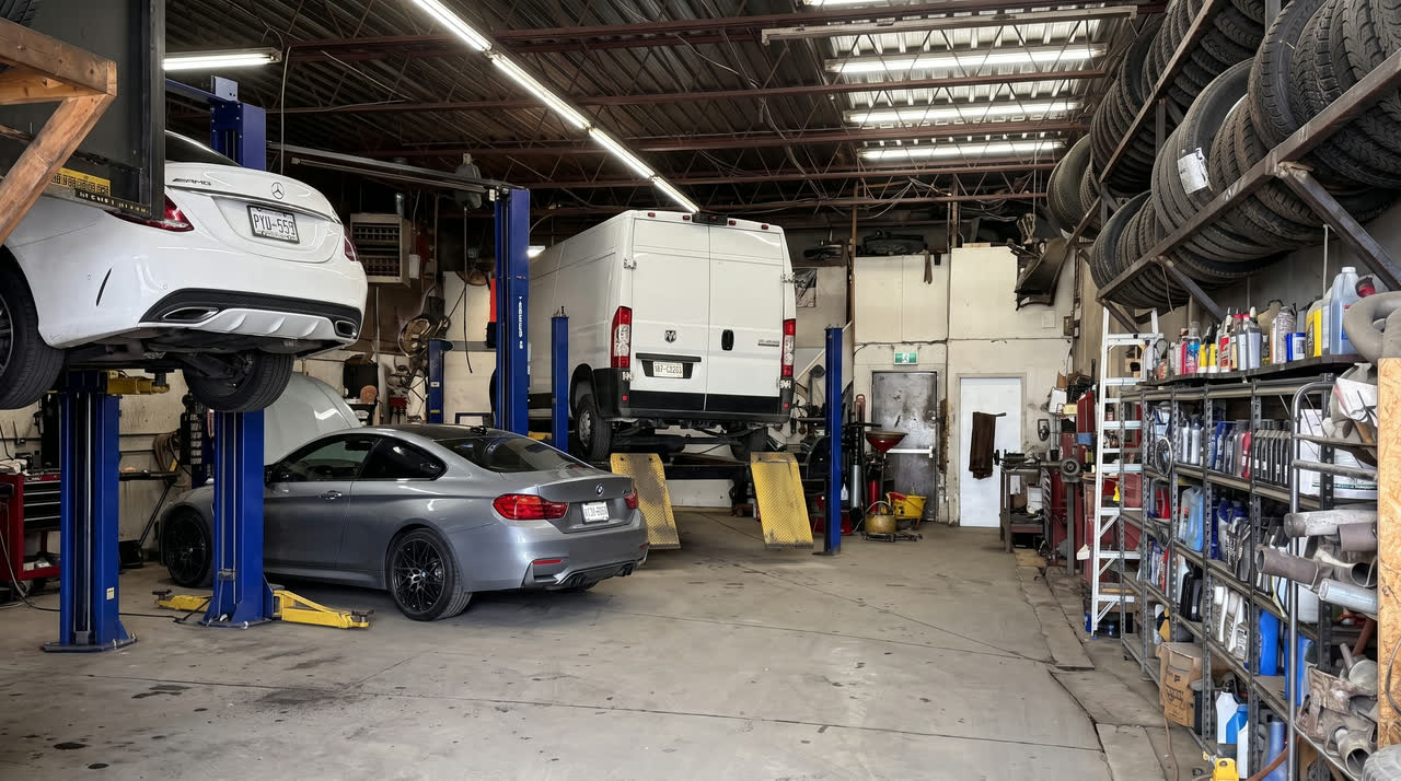 The length of the shop with cars up on the lifts