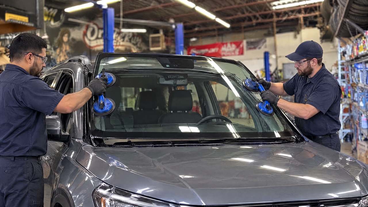 Setting a new windshield into fresh urethane